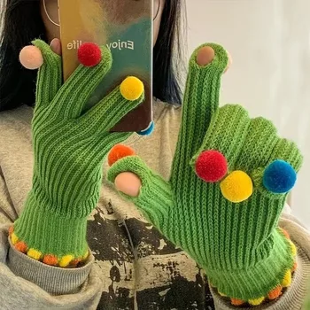 1 пара разноцветных плюшевых шариков с сенсорным экраном, ветрозащитные вязаные перчатки из плотной шерсти с пятью пальцами, милые женские зимние теплые модные перчатки