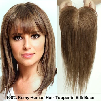 100% Топперы из Человеческих Волос Remy с Челкой, Медово-Каштановые Пряди для Женщин, Заколка на Шелковой Основе В Топпере для Уменьшения Выпадения Волос