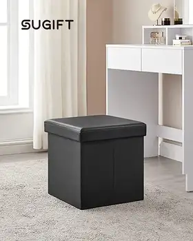 15-дюймовый складной пуфик-куб из искусственной кожи черного цвета Изображение 2