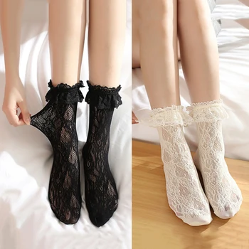 2 Пары Черно-белых кружевных коротких носков для девочек в стиле Лолиты, летние Сетчатые Милые студенческие носки принцессы с оборками и оборками Изображение 2