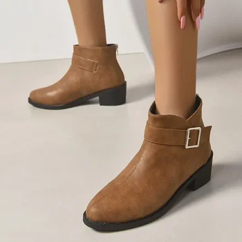 2023 г. Высококачественная женская обувь, женские ботинки на молнии, зимние однотонные ботинки Челси с острым носком и коротким бочком на массивном каблуке Zapatos
