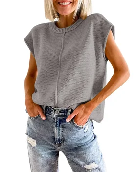 2023 женский летний свитер с коротким рукавом, повседневный круглый вырез горловины, пуловер свободной вязки, женский серый 22