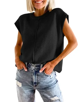 2023 женский летний свитер с коротким рукавом, повседневный круглый вырез горловины, пуловер свободной вязки, женский серый 22 Изображение 2