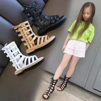 2023 Летняя обувь; Сандалии-Гладиаторы Для девочек; Ботинки С перекрестной шнуровкой Для Маленьких Детей; Повседневная обувь в римском стиле; sandalias botas с высоким берцем на шнуровке