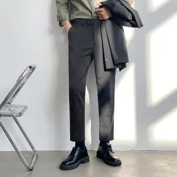 2023 Мужские официальные пуговицы с высокой талией, однотонные повседневные прямые брюки, Офисные брюки, мужские модельные брюки, Социальная одежда P54 Изображение 2