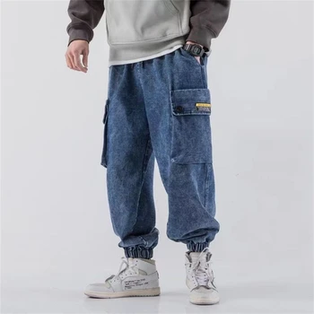2023 Мужские шаровары на Хай-стрит, брюки-карго, повседневные Свободные брюки в корейском стиле в стиле хип-хоп, Синие Темно-серые джинсовые брюки из выстиранного денима.