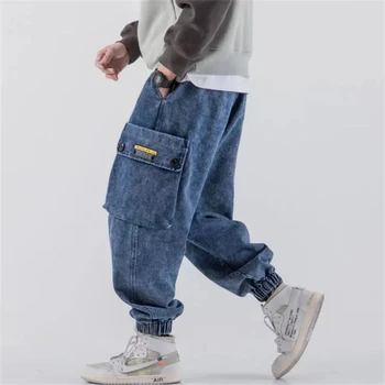 2023 Мужские шаровары на Хай-стрит, брюки-карго, повседневные Свободные брюки в корейском стиле в стиле хип-хоп, Синие Темно-серые джинсовые брюки из выстиранного денима. Изображение 2