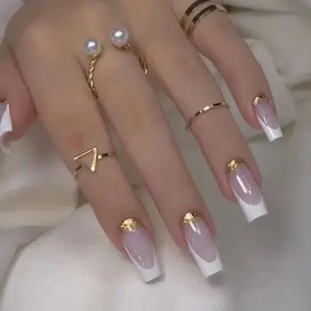 24шт Типсы для ногтей Полное покрытие для ногтей Лист с белым краем Балерина Длинные французские накладные ногти