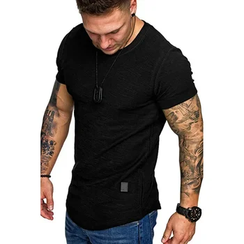 B6077 Новая мужская футболка Slim Fit с круглым вырезом и коротким рукавом для фитнеса, повседневный хлопковый топ в стиле хип-хоп, летняя модная базовая футболка Изображение 2
