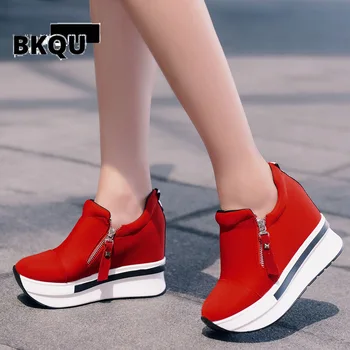 BKQU 2023 новые кроссовки на платформе, женская обувь, красная повседневная обувь, удобные каблуки, черная парусиновая обувь, женские кроссовки на невидимой танкетке