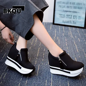BKQU 2023 новые кроссовки на платформе, женская обувь, красная повседневная обувь, удобные каблуки, черная парусиновая обувь, женские кроссовки на невидимой танкетке Изображение 2