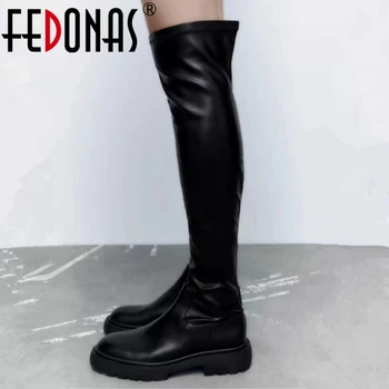 FEDONAS / Модные Женские Ботфорты выше Колена в стиле панк, Тонкие Длинные Черные Теплые Высокие Сапоги В Полоску, Женская Обувь