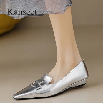 Kanseet/ 2023; Весенние новые женские туфли из натуральной кожи с квадратным носком ручной работы; удобные женские туфли на плоской подошве; повседневная женская обувь без застежки серебристого цвета
