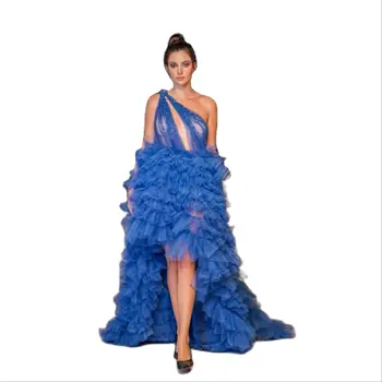 KSDN, голубое пышное вечернее платье, женское шикарное платье на одно плечо, без рукавов, с высоким / низким сексуальным V-образным вырезом, расшитое бисером, праздничное платье из тюля в складку, Vestido Изображение 2
