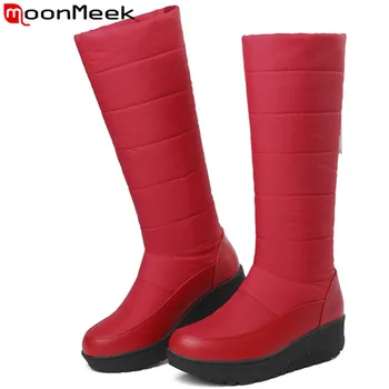 MoonMeek/ модные зимние ботинки большого размера на плоской платформе, сапоги до середины икры, с круглым носком на пуху, сохраняющие тепло, водонепроницаемые женские ботинки, защищающие от скольжения