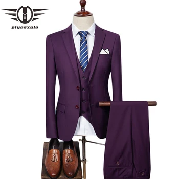 Plyesxale Красно-фиолетовые Костюмы Для мужчин, Деловые костюмы, Приталенный Мужской свадебный костюм из 3 предметов, Люксовый бренд Корейской моды Q273