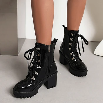 QPLYXCO Zapatos De Mujer / 2022 Кожаные Армейские Ботинки для Женщин, Черные Ботинки на платформе, Массивные Ботинки на молнии С Круглым Носком В Стиле Панк, 9978-18