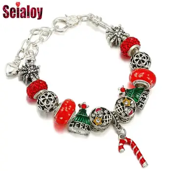 Seialoy, красная трость, браслеты с подвесками для женщин, зеленые бусины в виде Рождественской елки, браслеты серебристого цвета