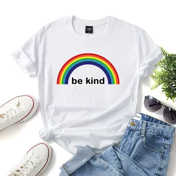 Skuggnas Новое поступление, футболка be kind, Модные футболки с коротким рукавом, Футболки Rainbowl, Хлопковая рубашка, Модные футболки для девочек tumblr Изображение 2