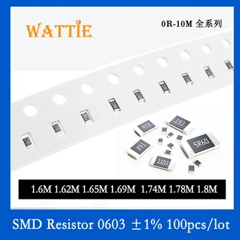 SMD резистор 0603 1% 1,6 М 1,62 М 1,65 М 1,69 М 1,74 М 1,78 М 1,8 М 100 шт./лот микросхемные резисторы 1/10 Вт 1,6 мм *0,8 мм