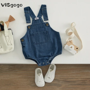 VISgogo Для маленьких мальчиков и девочек, джинсовый комбинезон с карманами, комбинезон на подтяжках, шорты без рукавов, джинсовый комбинезон на пуговицах, летняя одежда