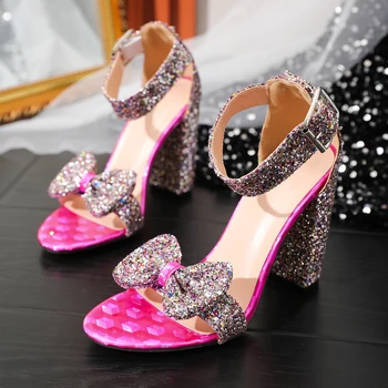 Xibeilove 2024 Летние Пикантные Роскошные босоножки на высоком каблуке с блестками и бантиком и пряжкой, свадебные туфли в цветном блоке для вечеринок