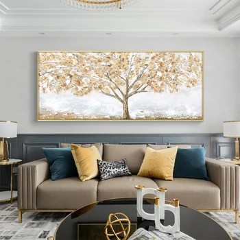 Абстрактные деревья с золотым листом, картина маслом, холст, плакаты и принты, домашний декор, настенные рисунки для гостиной