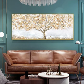 Абстрактные деревья с золотым листом, картина маслом, холст, плакаты и принты, домашний декор, настенные рисунки для гостиной Изображение 2