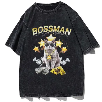 Американская футболка оверсайз с короткими рукавами, Мужская тяжеловесная выстиранная Летняя хлопковая футболка в стиле ретро с котом, уличная одежда для пары, Черные топы
