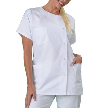 Больничная униформа, футболка, топ, женщины, Мужчины, Однотонное белое платье без воротника с коротким рукавом, лабораторный халат, рабочая одежда, футболки, одежда