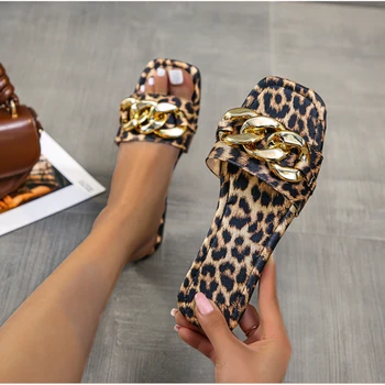 Большие размеры 35-43, леопардовые женские тапочки на плоской подошве, Новые Европейско-американские металлические туфли на плоской подошве с квадратным носком, женские сандалии, тапочки