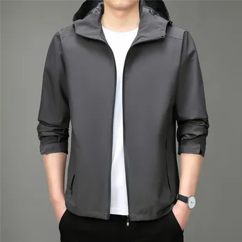 Весенне-осенняя куртка для мужчин, корейская мода, водонепроницаемые уличные куртки, однотонное тонкое пальто на молнии с капюшоном, Молодежная Повседневная новинка в верхней одежде Изображение 2