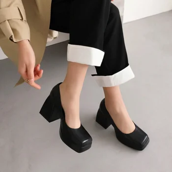 весенне-осенняя модная женская обувь на высоком каблуке с квадратным носком, с открытым носком, Простая, профессиональная Женская обувь на толстом каблуке высотой 9 см Изображение 2