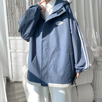 Весенние куртки в корейском стиле, мужская ветровка, Лоскутная Светоотражающая линия, Свободная повседневная куртка, пара Свободных пальто на молнии большого размера Изображение 2