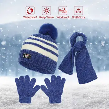 Ветрозащитная теплая шапка для малышей, вязаная шапка с меховыми шариками, теплая утолщенная вязаная шапка, шарф, перчатки, комплект для мальчиков и девочек, осень