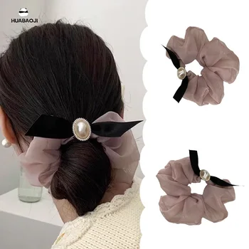 Винтажная лента для волос из органзы и жемчуга в Корейском стиле, эластичная веревка для волос с бобовой пастой для женщин и девочек