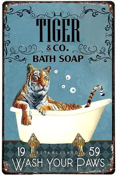 Винтажная Металлическая Вывеска Tiger Co Bath Soap Вымойте Лапы Металлическая Жестяная Вывеска Алюминиевая Вывеска Для Домашнего Кофейного Бара Декор Стен 8x12