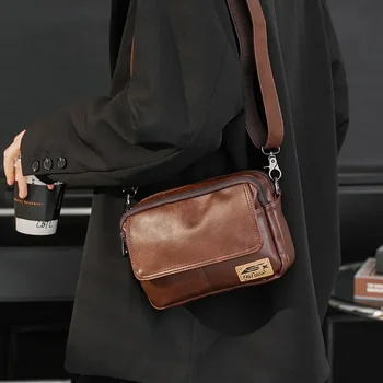Винтажная мужская сумка-мессенджер из мягкой кожи, повседневная мужская сумка через плечо, модная мужская дорожная квадратная сумка-слинг bolso hombro Изображение 2