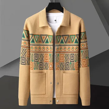 Высококлассный брендовый вязаный жакет мужская весенне-осенняя новая мода ретро изысканный жаккардовый корейский повседневный свитер кардиган пальто Изображение 2