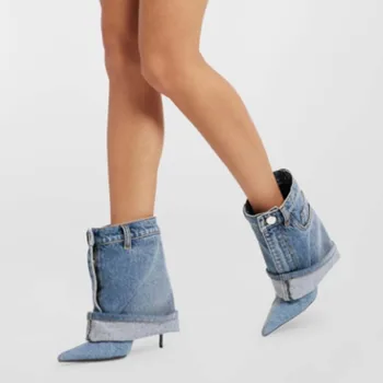 Выстиранные джинсовые брюки, Юбка, короткие сапоги на шпильке с острым носком, женские Зимние ковбойские ботильоны 2024, Модная женская обувь