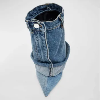 Выстиранные джинсовые брюки, Юбка, короткие сапоги на шпильке с острым носком, женские Зимние ковбойские ботильоны 2024, Модная женская обувь Изображение 2
