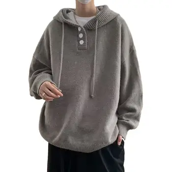 Вязаный мужской свитер, винтажная уличная одежда, мужской свитер с капюшоном на пуговицах и завязками, теплый Свободный крой, средняя длина, большие размеры для мужчин