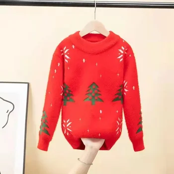Вязаный свитер для девочек из норкового флиса, детские рождественские свитера, детский утолщенный трикотаж, весна-осень