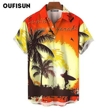 Гавайская Мужская Рубашка, Рубашка для Отдыха на Море, Летние Топы с Короткими Рукавами И Отворотом, Блузка С Принтом Кокосовой Пальмы, Мужская Одежда на Пуговицах