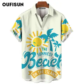 Гавайская Мужская Рубашка, Рубашка для Отдыха на Море, Летние Топы с Короткими Рукавами И Отворотом, Блузка С Принтом Кокосовой Пальмы, Мужская Одежда на Пуговицах Изображение 2