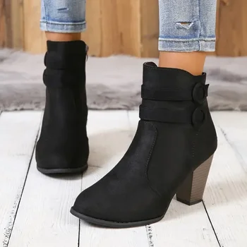 Горячая распродажа 2023 года, женская обувь, зимние женские ботинки с боковой молнией, с острым носком, однотонные, среднего размера, на толстом каблуке, Модные ботинки большого размера Изображение 2