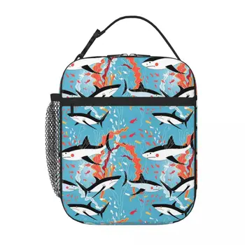 Графический рисунок плавающих акул, сумка для ланча, ланч-боксы, детская термосумка, женская