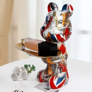 Декоративные статуэтки Домашнего мишки Бультера с металлическим держателем для подноса, красочные скульптуры животных, украшения для интерьера, украшение стола, коробка для ключей