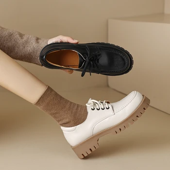 Демисезонные женские туфли-оксфорды, повседневные туфли-лодочки на платформе, Черные, бежевые Кроссовки из искусственной кожи на шнуровке, Сшитые Zapatos Mujer с круглым носком