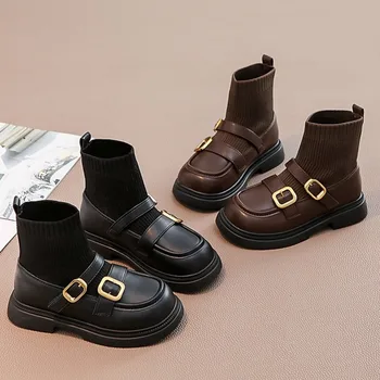 Демисезонные однотонные модные детские ботинки из искусственной кожи с пряжкой, вязаные лоскутные ботильоны для девочек, детские носки без застежки, ботинки с мягкой подошвой